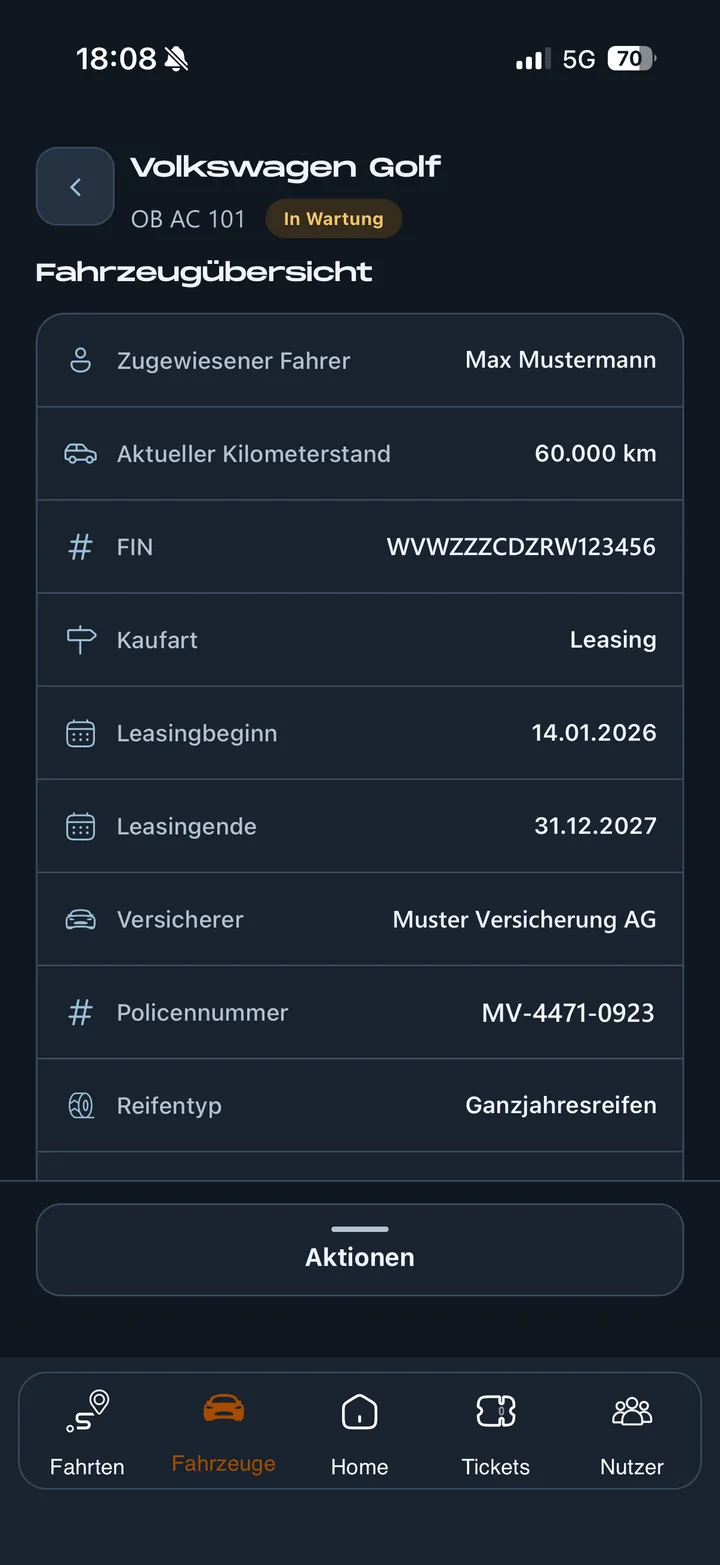 Around Cars App: Fahrzeugdetail mit Leasingdaten, Versicherung und Reifen