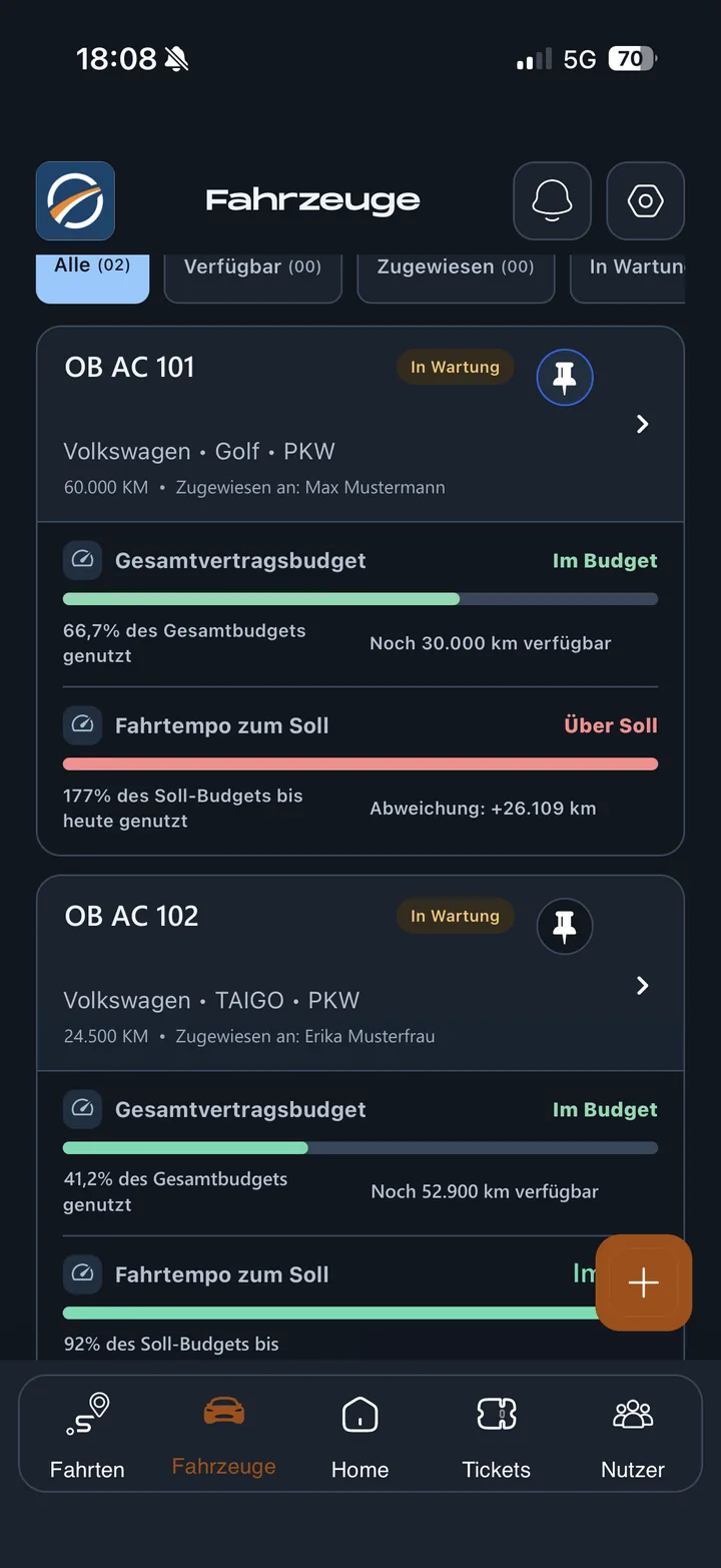 Around Cars App: Fahrzeugliste mit Status, Fahrer, Kilometerstand und Leasing-Kilometerbudget