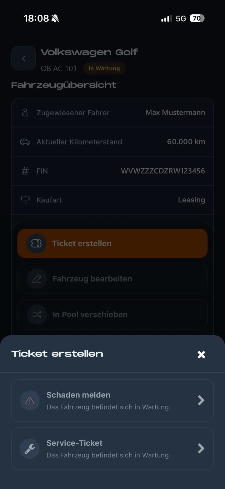 Around Cars App: Ticket erstellen mit der Wahl zwischen „Schaden melden“ und „Service-Ticket“